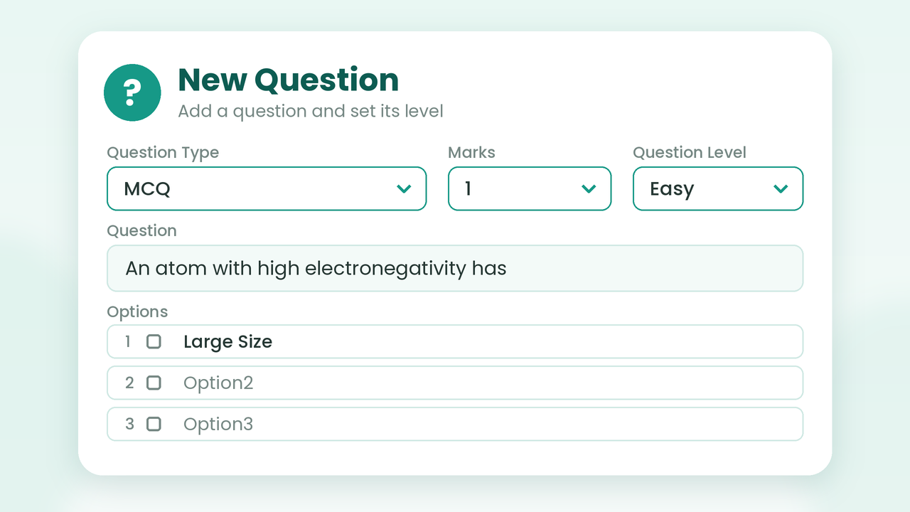 Adding a question with its marks and difficulty level in MyClassAdmin Paper Setter