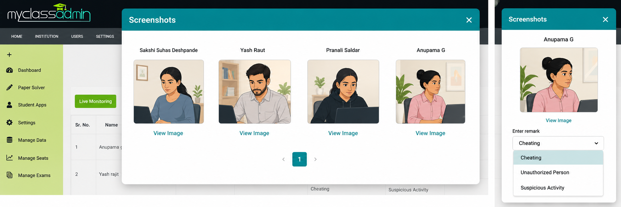 Illustrated preview of MyClassAdmin's admin monitoring panel showing student webcam snapshots and remark tagging